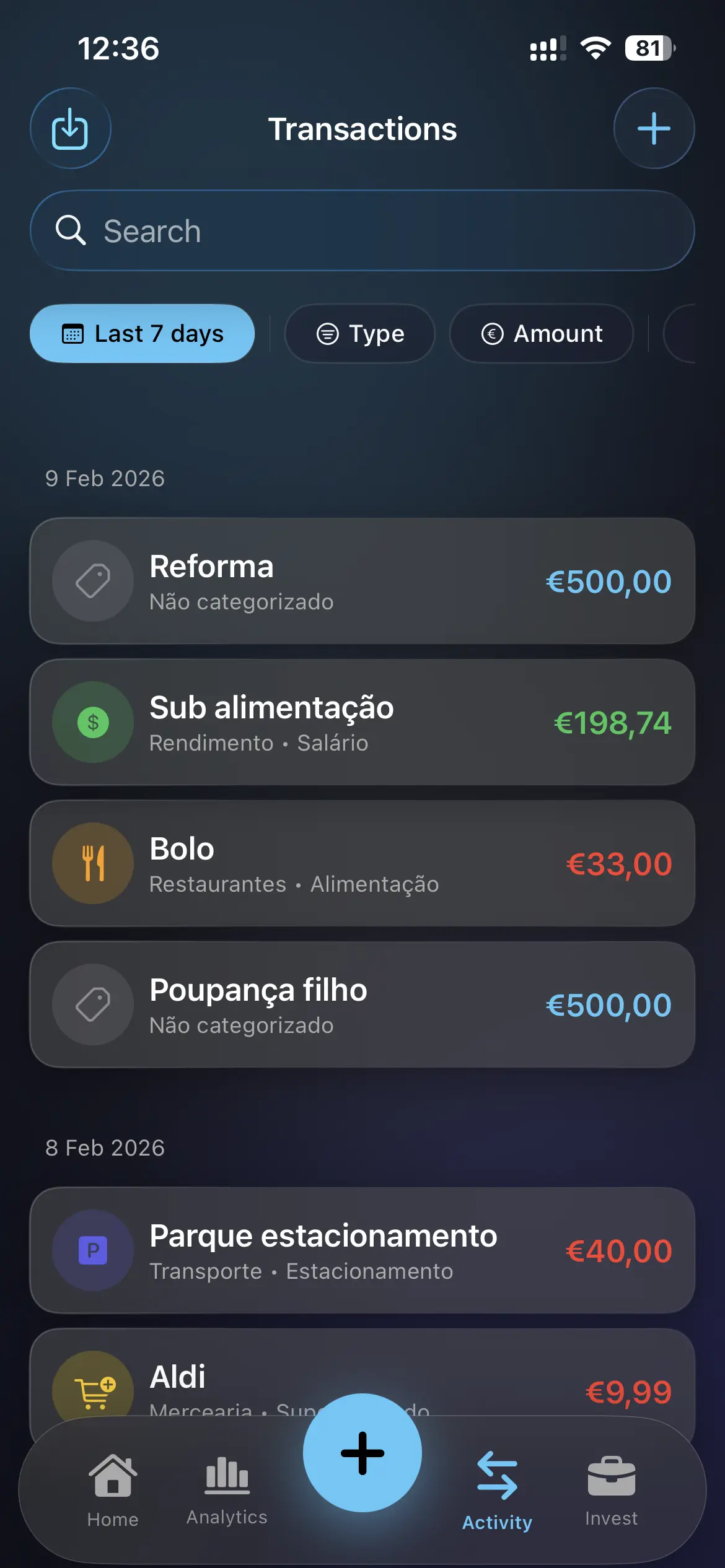 Transações — Histórico de atividade financeira