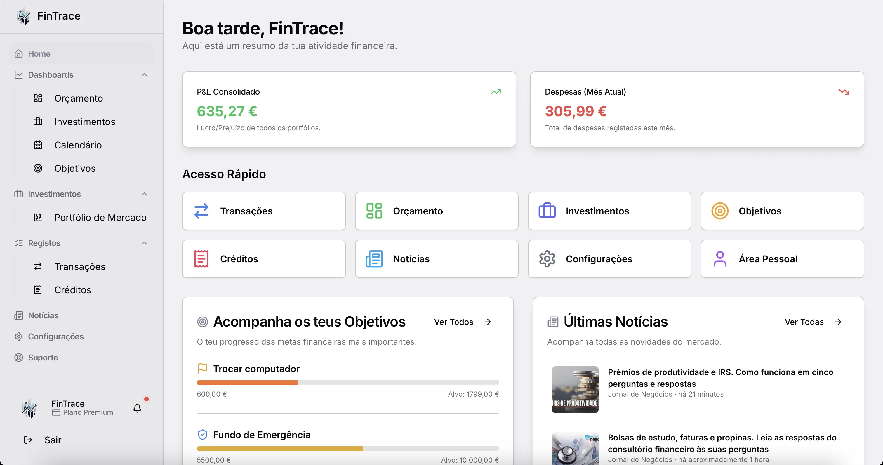 Página principal da aplicação FinTrace com acessos rápidos